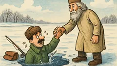 Banc: Un pescar pe lacul înghețat…